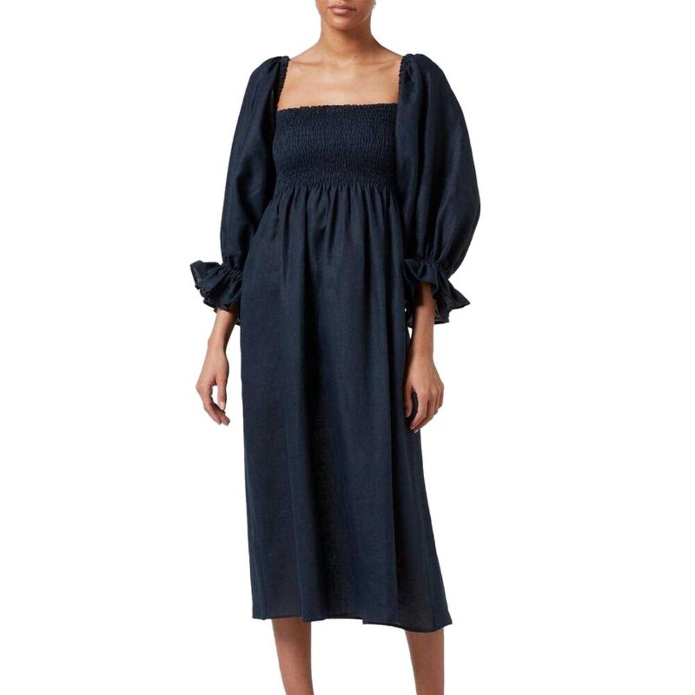 Sleeper Womens/Ladies Linen Puff Sleeve Midi Dress / Navy